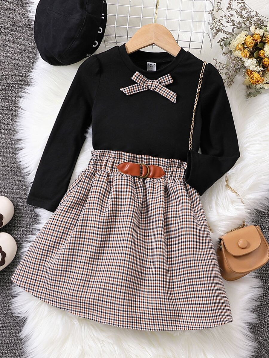 小女童格紋前蝴蝶結T恤帶紙袋腰半身裙不附帶帽 - 彩色 - 查看 1