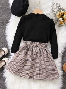 小女童格紋前蝴蝶結T恤帶紙袋腰半身裙不附帶帽 - 彩色 - 查看 2