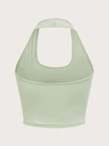 Beereckless Cartoon Frog Graphic Crop Halter Top - Mint Green - View 2