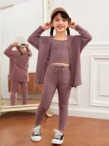 SHEIN 年輕女孩垂肩窩紋編織外套和背心和打結腰帶緊身褲裝套裝 - 淡紫色 - 查看 3