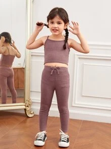 SHEIN 年輕女孩垂肩窩紋編織外套和背心和打結腰帶緊身褲裝套裝 - 淡紫色 - 查看 5