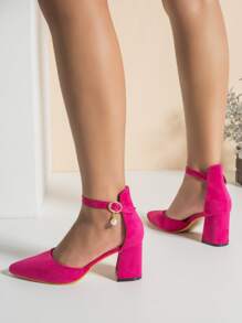 女士人造珍珠裝飾踝帶尖頭粗跟時尚粉色仿麂皮高跟鞋 - 玫紅色 - 查看 3