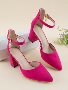 女士人造珍珠裝飾踝帶尖頭粗跟時尚粉色仿麂皮高跟鞋 - 玫紅色 - 查看 5