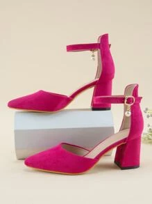 女士人造珍珠裝飾踝帶尖頭粗跟時尚粉色仿麂皮高跟鞋 - 玫紅色 - 查看 4