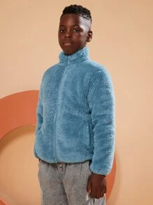 SOLOCOTE Boys Zip Front Teddy Jacket - Dusty Blue - View 1