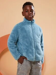 SOLOCOTE Boys Zip Front Teddy Jacket - Dusty Blue - View 6