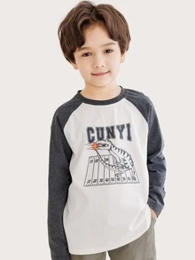 Niños Camiseta con estampado de letra & de dinosaurio de manga raglán - Blanco - Ver 4