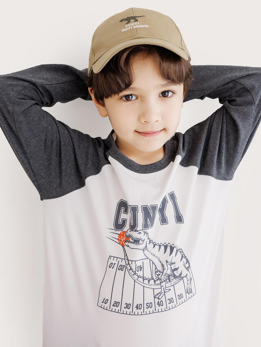 Niños Camiseta con estampado de letra & de dinosaurio de manga raglán - Blanco - Ver 1