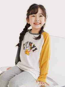 Niñitas 1 pieza Camiseta con estampado de conejo y letra de manga raglán - Blanco - Ver 1