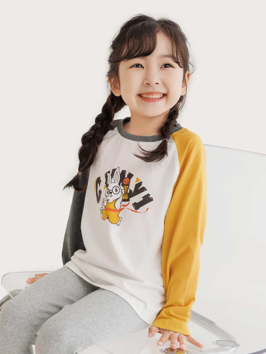 Niñitas 1 pieza Camiseta con estampado de conejo y letra de manga raglán - Blanco - Ver 1