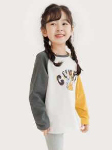 Niñitas 1 pieza Camiseta con estampado de conejo y letra de manga raglán - Blanco - Ver 3