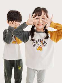 Niñitas 1 pieza Camiseta con estampado de conejo y letra de manga raglán - Blanco - Ver 6