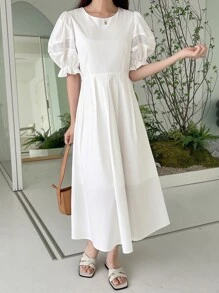 DAZY Đầm Tương phản ren Xếp li màu trơn Giải trí - trắng - Xem 1