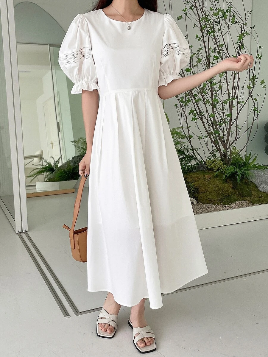 DAZY Đầm Tương phản ren Xếp li màu trơn Giải trí - trắng - Xem 1