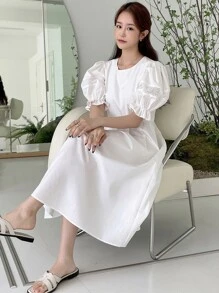 DAZY Đầm Tương phản ren Xếp li màu trơn Giải trí - trắng - Xem 2