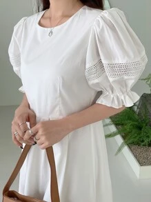 DAZY Đầm Tương phản ren Xếp li màu trơn Giải trí - trắng - Xem 3