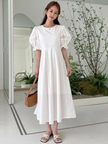 DAZY Đầm Tương phản ren Xếp li màu trơn Giải trí - trắng - Xem 4