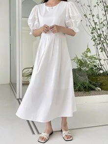 DAZY Đầm Tương phản ren Xếp li màu trơn Giải trí - trắng - Xem 5