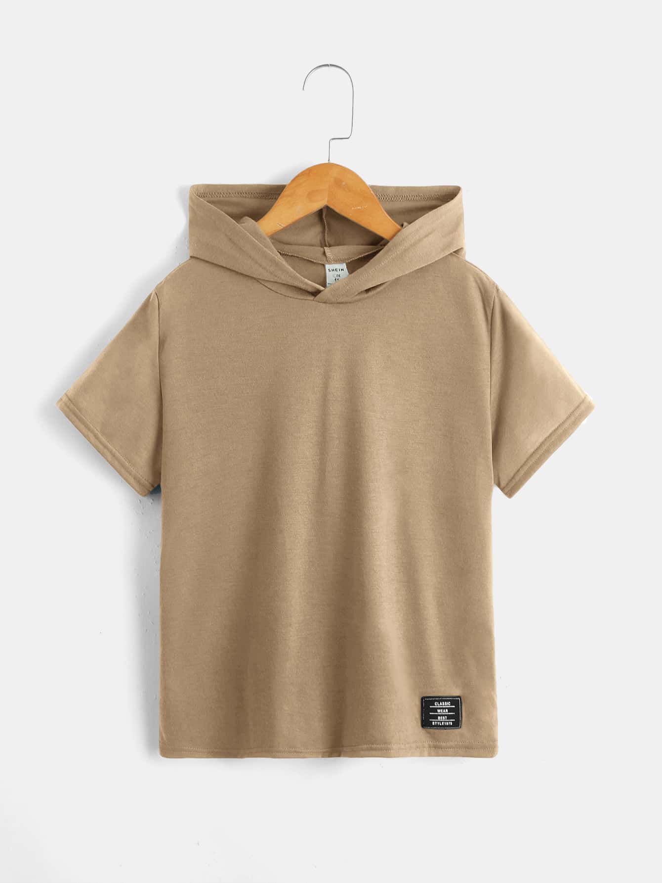 SHEIN 男孩字母貼布連帽T恤 - 卡其色 - 查看 1