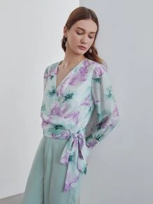 MOTF PREMIUM LINEN FLORAL INK WRAP TOP - Multicolor - View 5