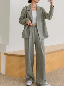 DAZY Solid Color Casual Business Suit Jacket & Pants Set For Women,Fall Clothes