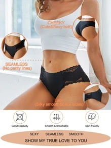 FINETOO No Show Lace Trim Solid Panty - Black - View 1