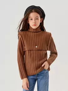 Girls Ribbed Knit Jumper & Turtleneck Crop Knit Top - Coffee Brown - View 1
