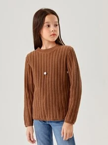 Girls Ribbed Knit Jumper & Turtleneck Crop Knit Top - Coffee Brown - View 3