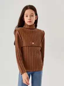 Girls Ribbed Knit Jumper & Turtleneck Crop Knit Top - Coffee Brown - View 4