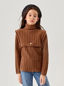 Girls Ribbed Knit Jumper & Turtleneck Crop Knit Top - Coffee Brown - View 5