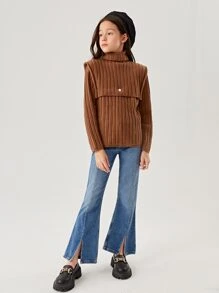 Girls Ribbed Knit Jumper & Turtleneck Crop Knit Top - Coffee Brown - View 6