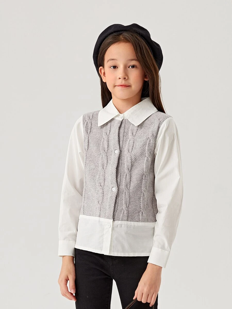 Girls Colourblock Cable Knit Cardigan - Light Grey - View 1