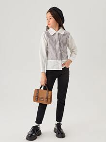 Girls Colourblock Cable Knit Cardigan - Light Grey - View 5
