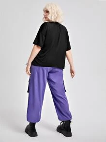 SHEIN EZwear Plus Letter & Figure Graphic Drop Shoulder Tee & Cargo Pants - Multicolor - View 2