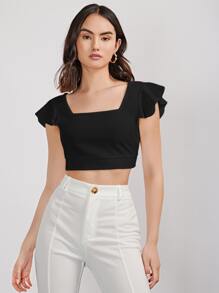 SHEIN Privé Ruffle Armhole Tie Back Crop Top - Black - View 1