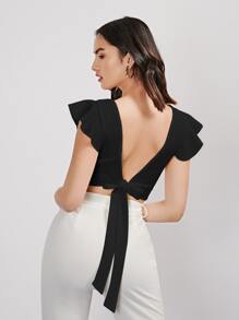 SHEIN Privé Ruffle Armhole Tie Back Crop Top - Black - View 2