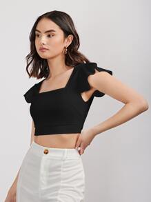 SHEIN Privé Ruffle Armhole Tie Back Crop Top - Black - View 3