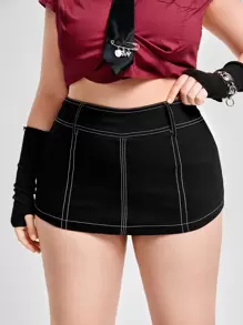 ROMWE PUNK Plus High Waist Top-stitching Skort Without Belt - Black - View 1