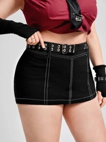 ROMWE PUNK Plus High Waist Top-stitching Skort Without Belt - Black - View 5