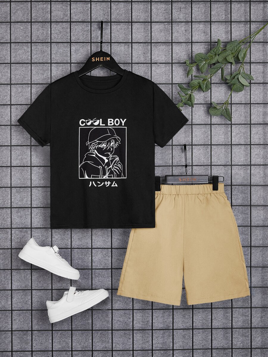 SHEIN 男孩日本字母和卡通圖案T恤和短褲 - 彩色 - 查看 1