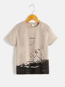 SHEIN 男童简约鸟类字母图案T恤，舒适休闲，适合夏季日常穿着 - 卡其色 - 查看 1
