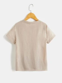 SHEIN 男童简约鸟类字母图案T恤，舒适休闲，适合夏季日常穿着 - 卡其色 - 查看 2