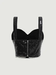 SHEIN MOD Contrast Sequin Crop Wide Strap Top - Black - View 9