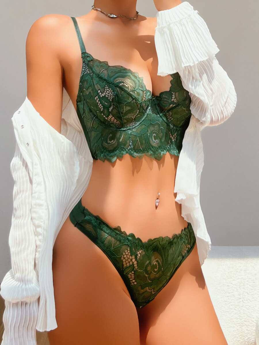 Set de lencería con encaje floral con aro - Verde militar - Ver 1