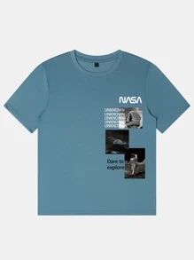 Manfinity Homme 男士照片和字母圖案T恤 - 霧霾藍 - 查看 3