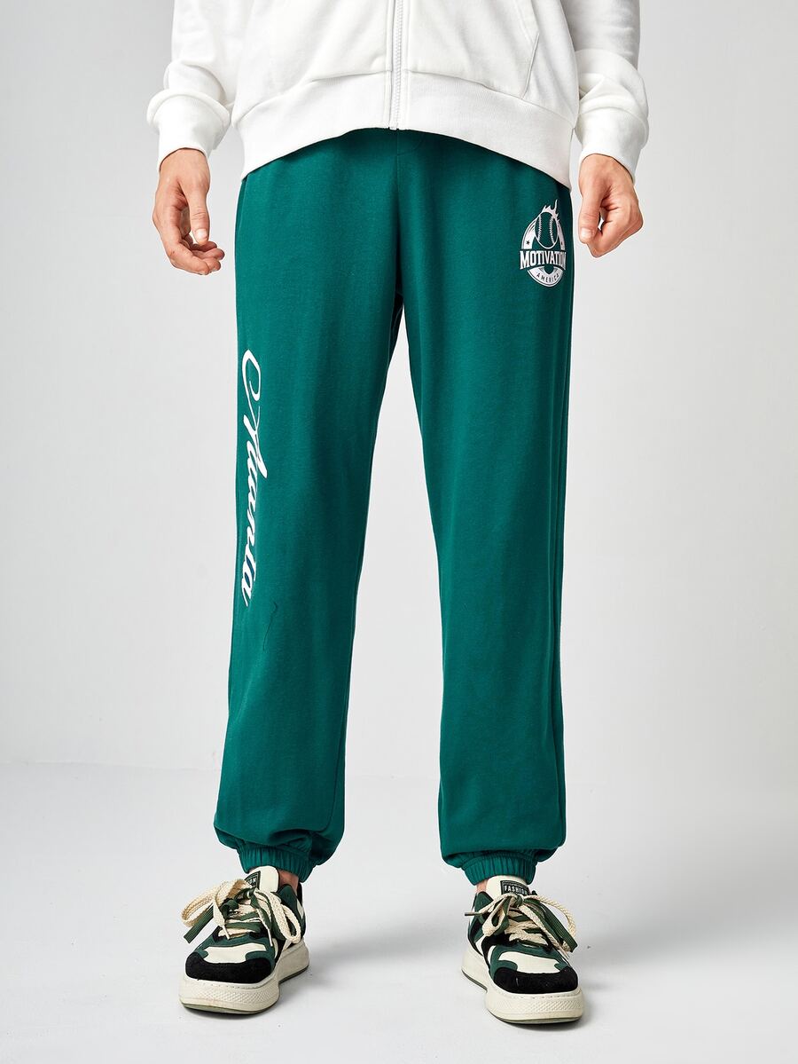 Manfinity Hombres Pantalones deportivos béisbol & con estampado de letra de cintura con cordón - Agua verde azul - Ver 1