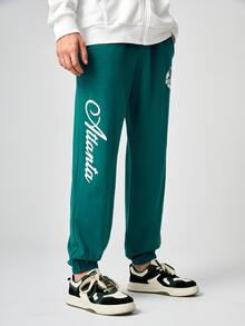 Manfinity Hombres Pantalones deportivos béisbol & con estampado de letra de cintura con cordón - Agua verde azul - Ver 4
