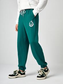 Manfinity Hombres Pantalones deportivos béisbol & con estampado de letra de cintura con cordón - Agua verde azul - Ver 6