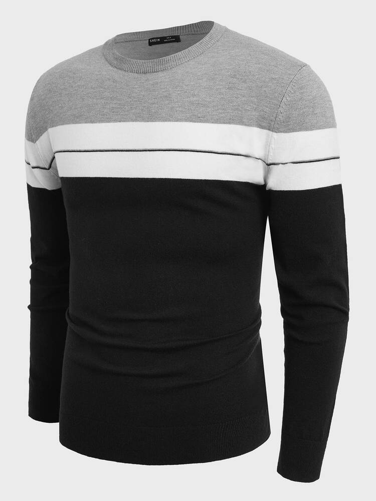 Men Colorblock Stripe Pattern Graphic Pullover Casual Long Sleeve Sweater, For Going Out, Husband, For Fall Winter