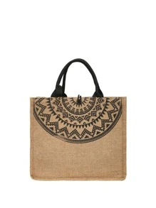 時尚復古印花亞麻包，大容量挎包，女士多功能手提包 - 卡其色 - 查看 1